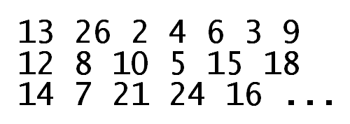 [13 26 2 4 6 3 9 12 8 10 5 15 18 14 7 21 24 16 ...]