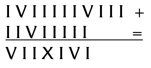 [IVIIIIIVIII + IIVIIIII = VIIXIVI]]