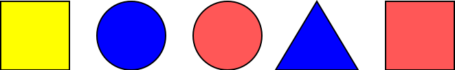 [quadrato giallo, cerchio blu, cerchio rosso, triangolo blu, quadrato rosso]