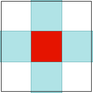 [un quadrato con al centro un quadrato rosso con lati paralleli al quadrato grande; sui cui lati sono costruiti quattro quadrati celesti congruenti, che escono leggermente dal quadrato grande]