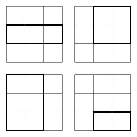 [rettangolo 2x3, rettangolo 1x3, quadrato 1x1, quadrato 2x2]